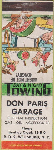Matchbook Cover - Don Paris Garage Wellsburg NY gas oil hillbilly