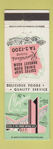 Matchbook Cover - Clayton's Restaurant Bryan TX