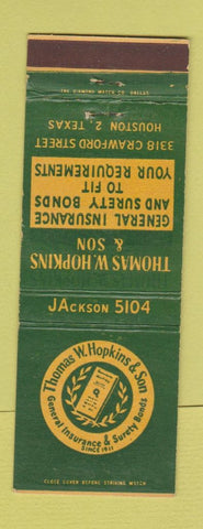 Matchbook Cover - Thomas Hopkins Insurance Houston TX