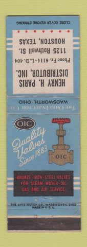 Matchbook Cover - Henry Paris OIC Valves Houston TX