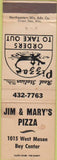 Matchbook Cover - Jim Mary's Pizza Green Bay WI WEAR peach