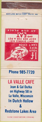 Matchbook Cover - LaValle Cafe WI Dutch Hollow WEAR