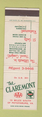 Matchbook Cover - The Claremont Petersburg VA motel