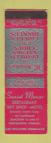 Matchbook Cover - Sunset Manor Restaurant Portsmouth VA