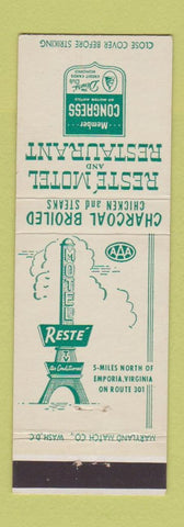 Matchbook Cover - Reste Motel Restaurant Emporia VA Congress Motor Hotels