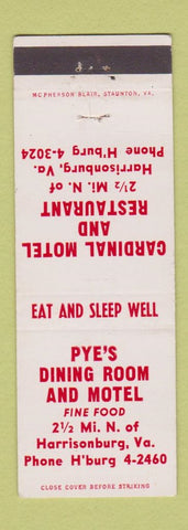 Matchbook Cover - Pye's Dining Room Cardinal Motel Harrisonburg VA