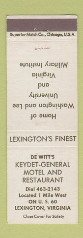 Matchbook Cover - De Witt's Keydet General Motel Lexington VA WHITE