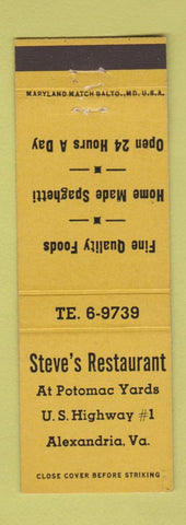 Matchbook Cover - Steve's Restaurant Alexandria VA