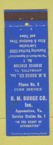 Matchbook Cover - HM Burge oil gas Appomattox VA Esso