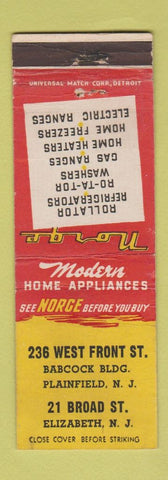 Matchbook Cover - Norge Appliances Plainfield Elizabeth NJ WEAR