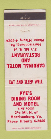 Matchbook Cover - Pye's Dining Room Cardinal Motel Harrisonburg VA