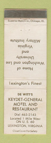 Matchbook Cover - De Witt's Keydet General Motel Lexington VA WEAR