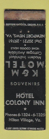 Matchbook Cover - Hotel Colony Inn K&M Newport News VA Hilton Village BLACK WORN