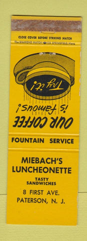 Matchbook Cover - Miebach's Lunch Paterson NJ WORN YELLOW