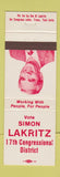 Matchbook Cover - Simon Lakritz Congress Election Hanford CA