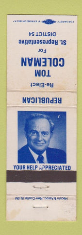 Matchbook Cover - Tom Coleman State Rep Election WORN