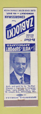 Matchbook Cover - Clement Zablocki Congress WI Wisconsin WEAR