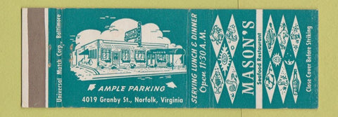 Matchbook Cover - Mason's Seafood Restaurant Norfolk VA