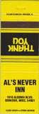 Matchbook Cover - A's Never Inn Oshkosh WI