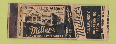 Matchbook Cover - Miller's Dry Cleaning Laundry Des Moines IA WORN