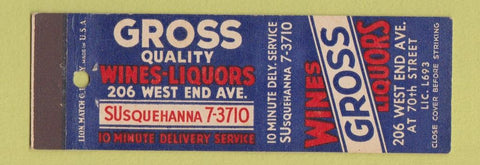 Matchbook Cover - Gross Wines Liquors New York City