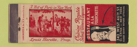 Matchbook Cover - Restaurant A La Fourchette New York City WEAR