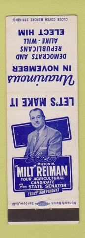 Matchbook Cover - Milton Reiman State Senator Election Madera County CA