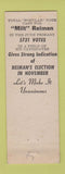 Matchbook Cover - Milton Reiman State Senator Election Madera County CA