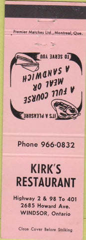 Matchbook Cover - Kirk's Restaurant Windsor ON