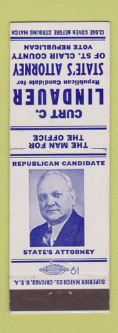 Matchbook Cover - Curt C Lindauer for State's Attorney St Clair County MO? IL?