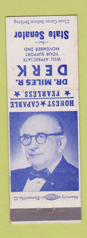 Matchbook Cover - Dr Miles Derk State Senator PA Pennsylvania