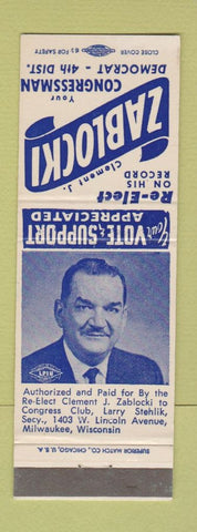 Matchbook Cover - Clement Zablocki Congress Election Milwaukee WI