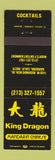 Matchbook Cover - King Dragon Chinese Restaurant Gardena CA WEAR