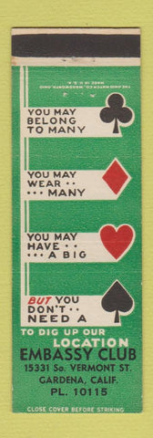 Matchbook Cover - Embassy Club cards? Poker? Gardena CA