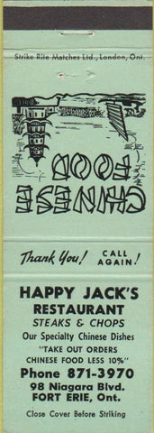 Matchbook Cover - Happy Jack's Restaurant Fort Erie ON Chinese Food
