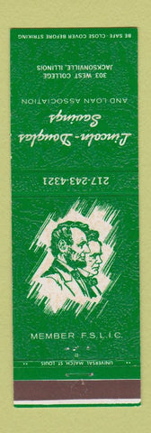 Matchbook Cover - Lincoln Douglas Savings Bank Jacksonville IL GREEN