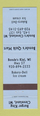 Matchbook Cover - Bonde's Quik Mart Cleveland WI Burger King