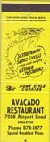 Matchbook Cover - Avacado Restaurant Malton Canada ON