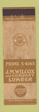 Matchbook Cover - JM Wilcox Lumber Sherwin Williams Paints Dallas TX