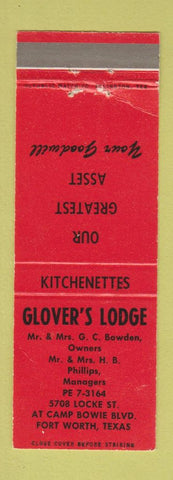 Matchbook Cover - Glover's Lodge Fort Worth TX WEAR