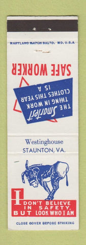 Matchbook Cover - Westinghouse Staunton VA Safety Jackass