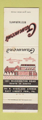 Matchbook Cover - Gannon's Restaurants Pittsburgh PA