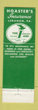 Matchbook Cover - Hoaster's Insurance Lebanon PA