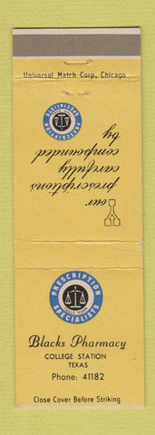 Matchbook Cover - Blacks Drug College Station TX