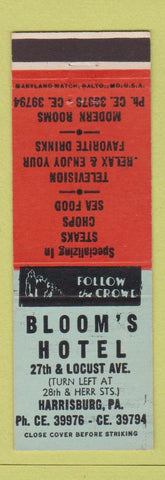 Matchbook Cover - Bloom's Hotel Harrisburg PA