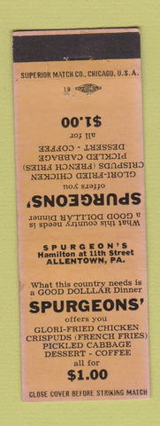 Matchbook Cover - Spurgeons' Restaurant Allentown PA WEAR