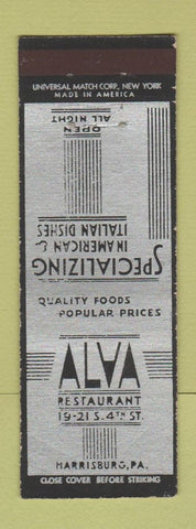 Matchbook Cover - Alva Restaurant Italian Harrisburg PA deco