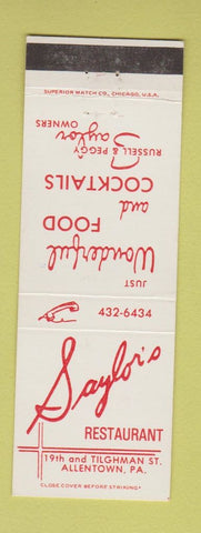 Matchbook Cover - Saylor's Restaurant Allentown PA