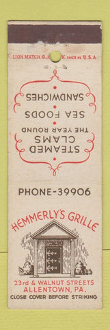 Matchbook Cover - Hemmerly's Grille Allentown PA