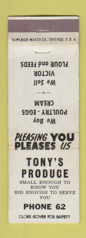 Matchbook Cover - Tony's Produce low phone # WEAR WHITE